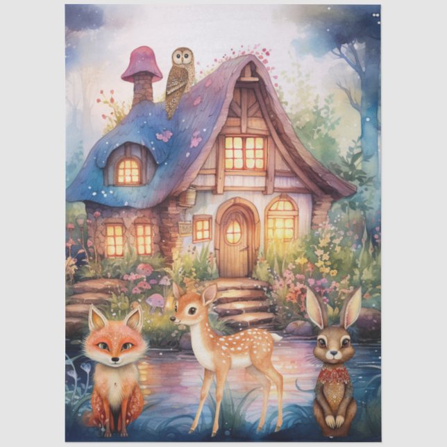 Papel De Seda Animales caprichosos del bosque & Cabaña (Anverso)