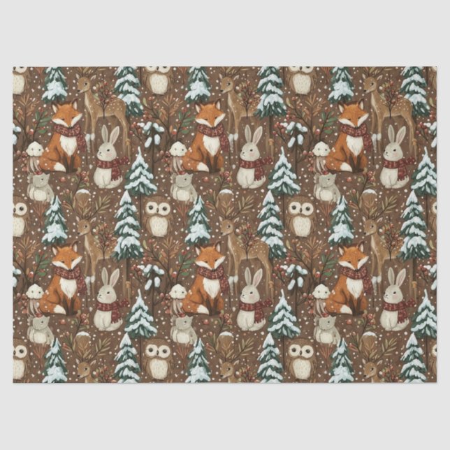 Papel De Seda Animales de bosque invernal patrón de Navidad (Anverso)