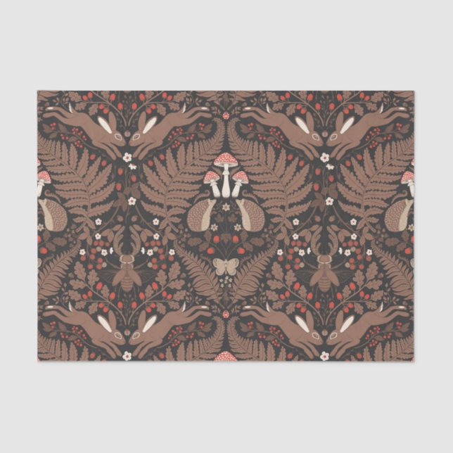 Papel De Seda Animales de bosque y plantas en rojo y marrón (Anverso)