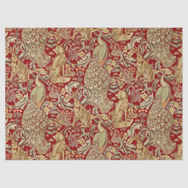 PAPEL DE SEDA ANIMALES FORESTALES, FOX, PEACOCK, CUIDADO EN FLOR (Anverso)