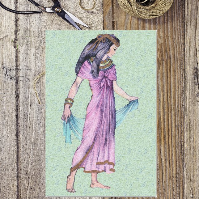 Papel De Seda Antigua princesa de la dama egipcia en morado (Ancient Egyptian woman purple dress gold jewelry on green wrapping tissue paper.)