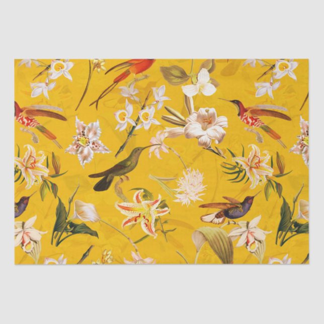 Papel De Seda Antiguo patrón de colibría tropical amarillo (Anverso)