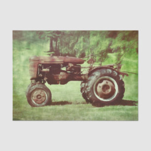 Papel De Seda Antiguo Tractor Rojo Verde Rústico de Granja