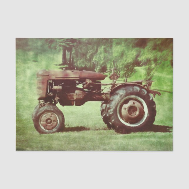 Papel De Seda Antiguo Tractor Rojo Verde Rústico de Granja (Anverso)