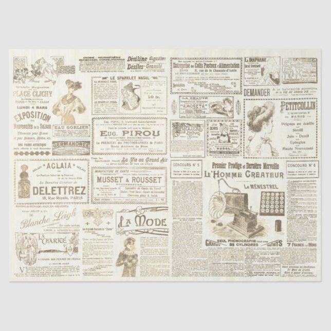 Papel De Seda Antiguos Anuncios Franceses Ephemera Beige (Anverso)