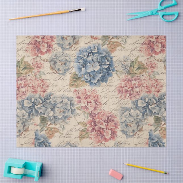 Papel De Seda Antique Blue and Pink Hydrangea Ephemera Script  (Artesanía)