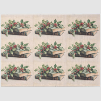 Papel De Seda ANTIQUE BOOKS AND HOLLYBERRIES  Christmas Pattern