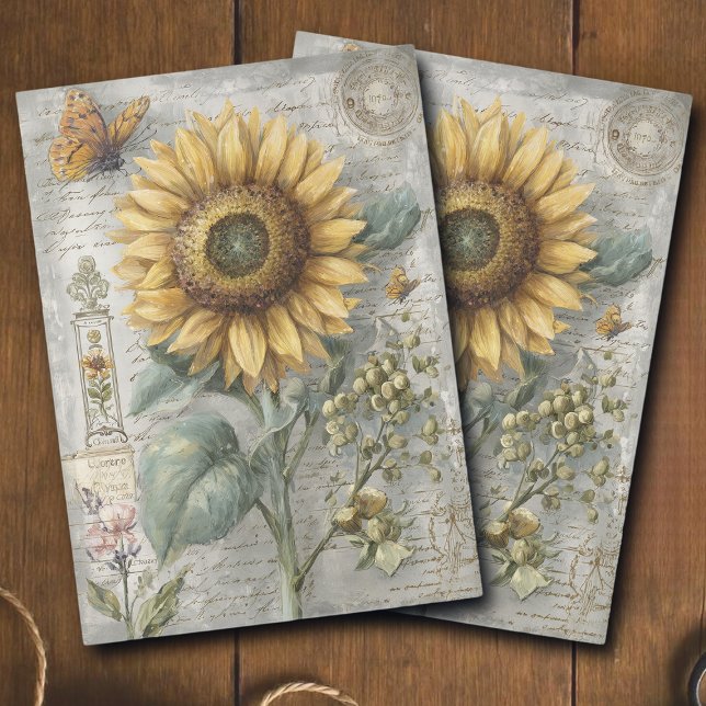 Papel De Seda Antique Sunflower Botanical Ephemera Decoupage (Subido por el creador)