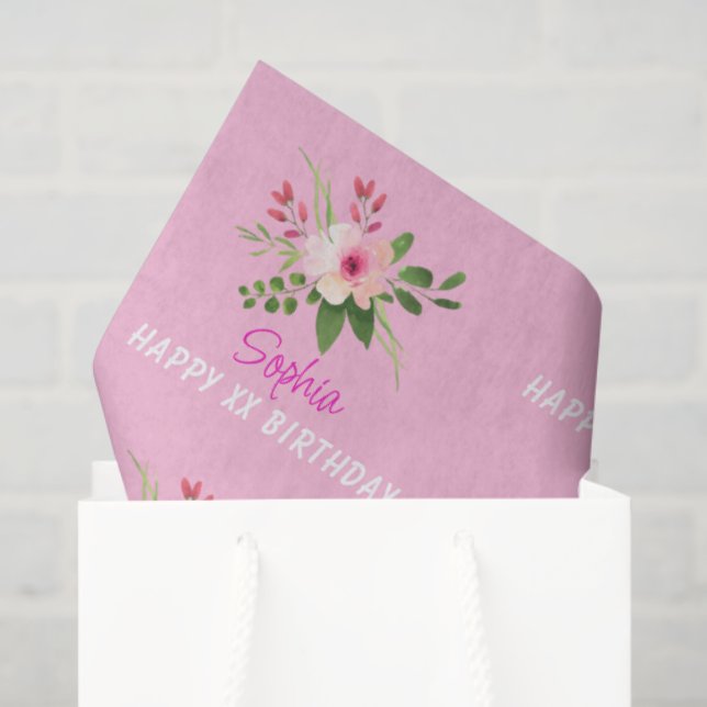 Papel De Seda Any Birthday, Name, Pink Watercolor Flower (Bolsa de regalo)