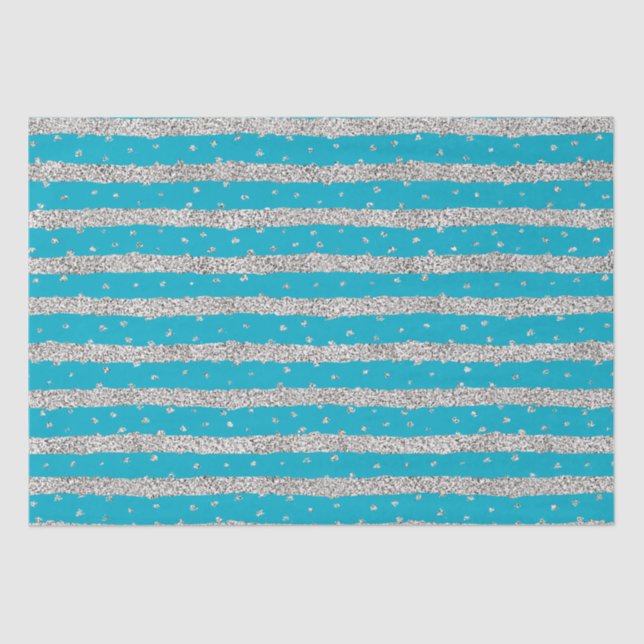 Papel De Seda Aqua Blue Silver Sparkly Confetti Stripes (Anverso)