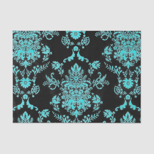 Papel De Seda Aqua Damask sobre diseño de Moda negra (Anverso)
