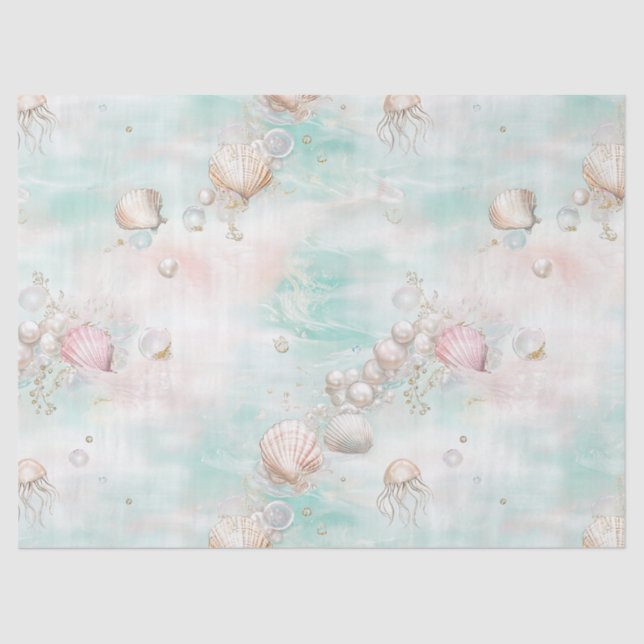 Papel De Seda Aqua Ocean Waves & Seashell Pattern (11) (Anverso)