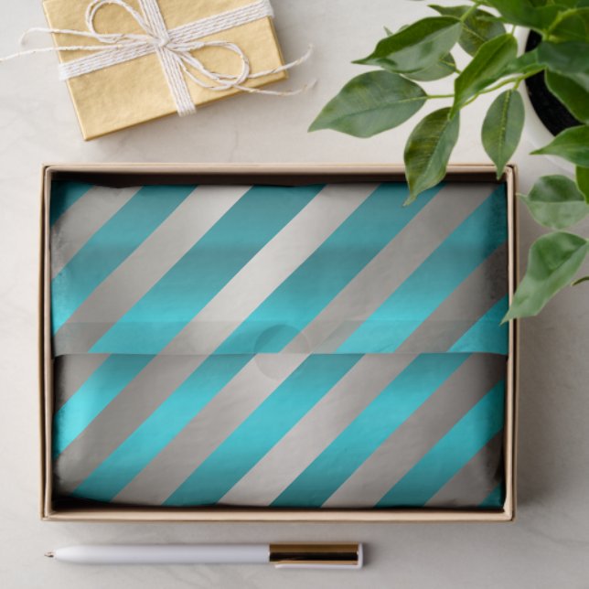 Papel De Seda Aqua & Silver Diagonal Stripe Christmas  (Regalo )