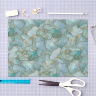 Papel De Seda Aqua Verde Teal Dorado Vidrio Marmolizado de Mar