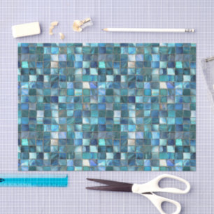 Papel De Seda Aqua Verde Teal Oro Vidrio Mar Mosaico Acuarela 