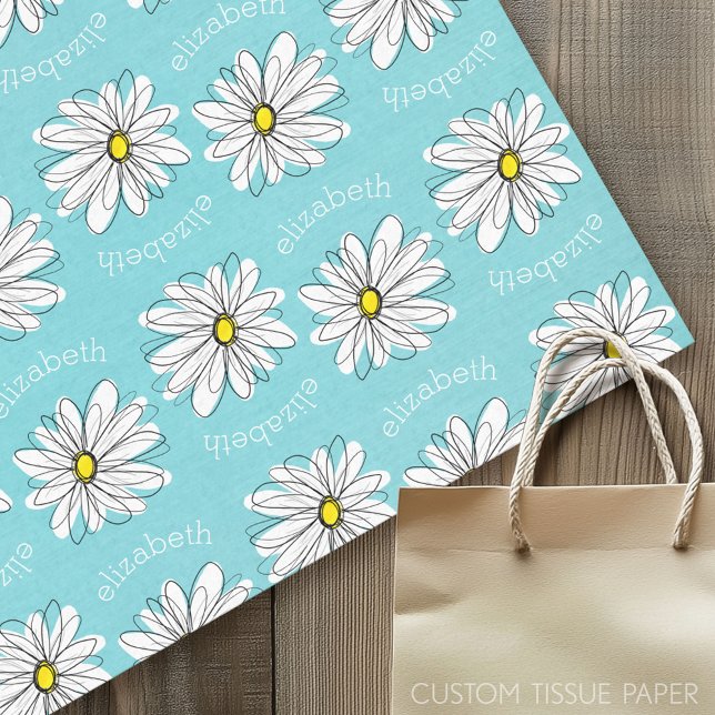 Papel De Seda Aqua y Yellow Whimsical Daisy Personalizado Textos (Custom Tissue Paper)