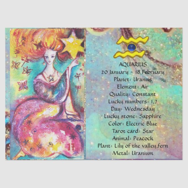 PAPEL DE SEDA AQUARIUS, STAR TAROT ASTROLOGY ZODIAC CUMPLEAÑOS (Anverso)