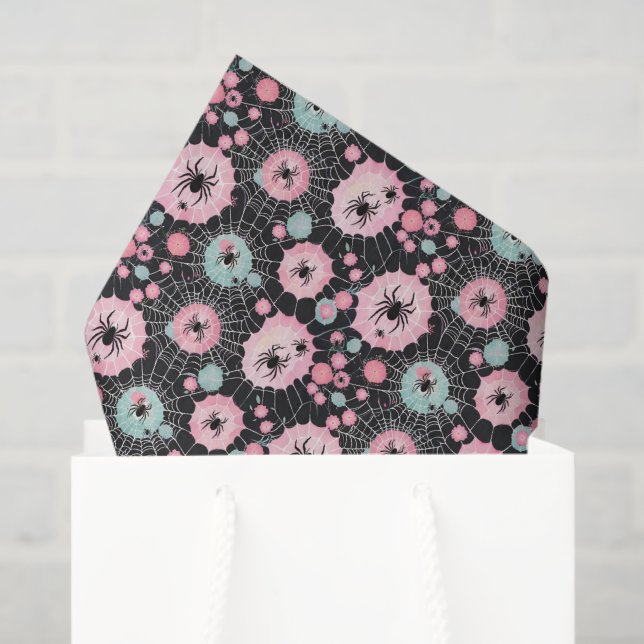 Papel De Seda Arañas Y Webs En Blues Rosa Y Pálido Sobre Negro (Bolsa de regalo)