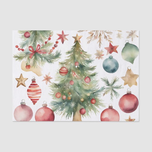 Papel De Seda Árbol de Navidad acuarela con adornos (Anverso)