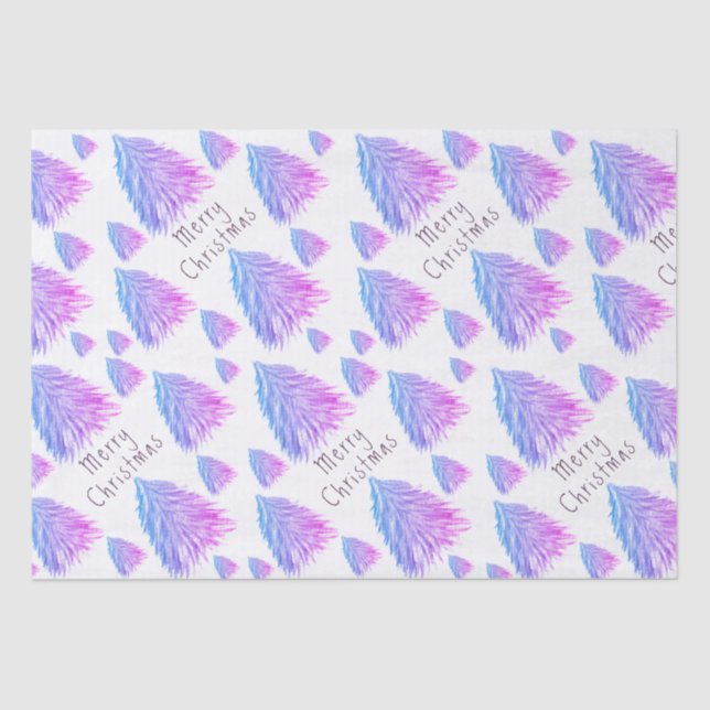 Papel De Seda Árbol de navidad azul rosado festivo acuarela (Anverso)
