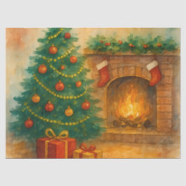 Papel De Seda Árbol de Navidad en acuarela y chimenea acogedora 