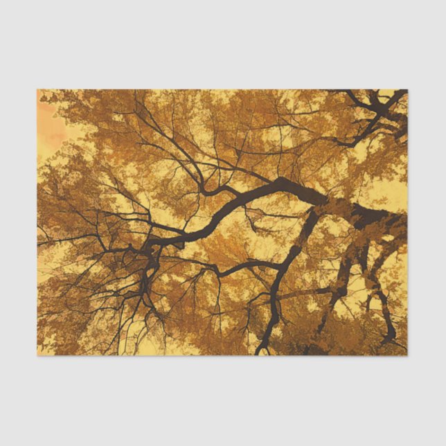 Papel De Seda Árbol de otoño hojas naranjas cielo amarillo (Anverso)
