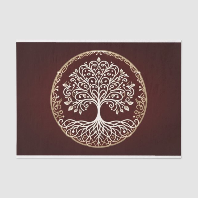 Papel De Seda Árbol de vida Rústico Boda Celta Rojo Oscuro (Anverso)