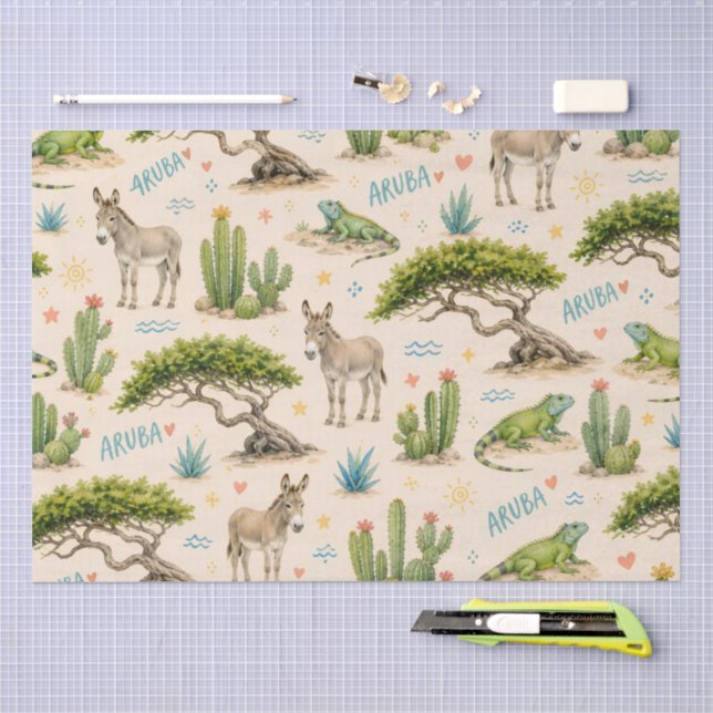 Papel De Seda árbol divi de Aruba, burro, iguana, cactus (Artesanía)