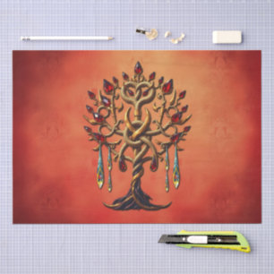 Papel De Seda Árbol dorado de la vida con piedras preciosas roja