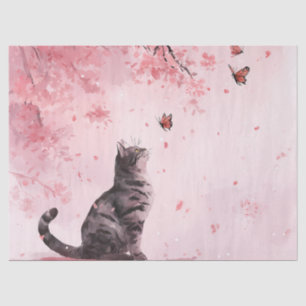 Papel De Seda Árbol japonés Sakura con gato negro y mariposa