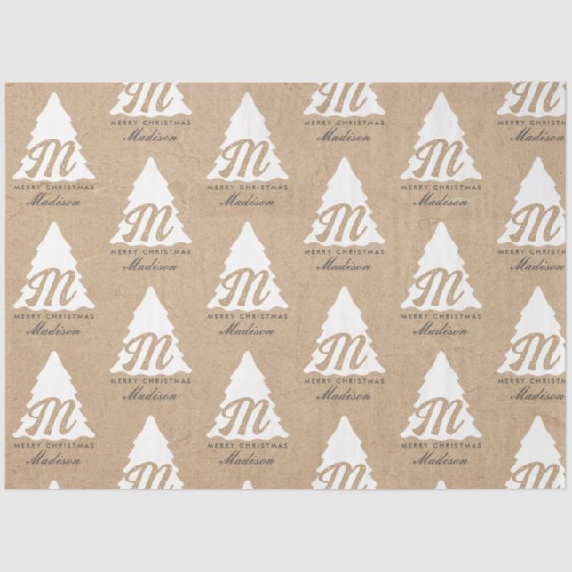 Papel De Seda Árbol monograma de Kraft navideño personalizado (Anverso)