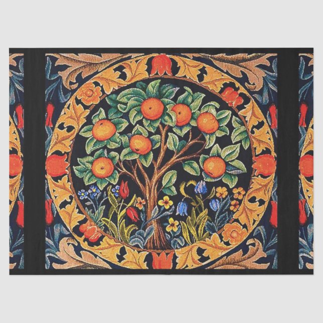 Papel De Seda ÁRBOL naranja CON HOJAS VERDES, FLORES (Anverso)