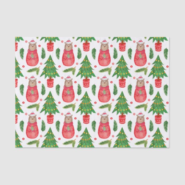 Papel De Seda Árbol navideño acuarela y oso de peluche (Anverso)