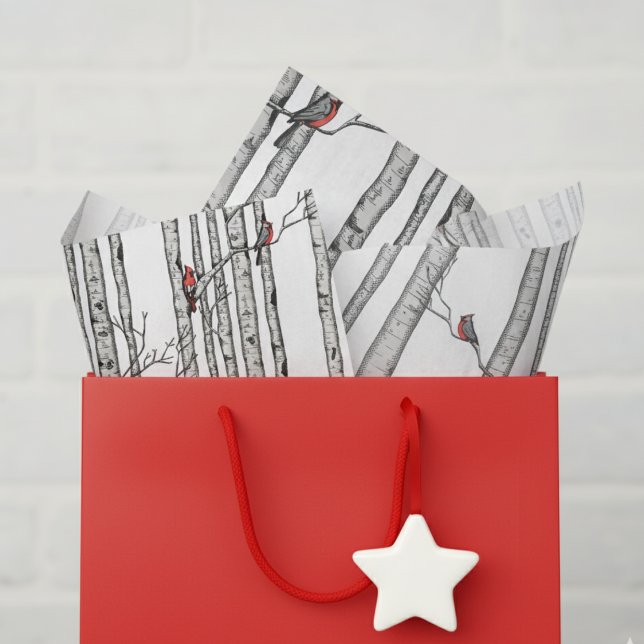 Papel De Seda Árboles de aves rojas y blancas y aves cardenales  (Festive Winter Woodland Tissue Paper. Rustic Birch Tree and Red Cardinal Bird Pattern for Christmas)
