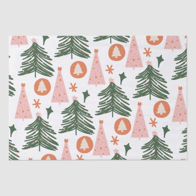 Papel De Seda Árboles de Navidad Boho Verde Rosa Naranja (Anverso)
