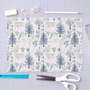 Papel De Seda Árboles de Navidad Ciervos Blancos Azules