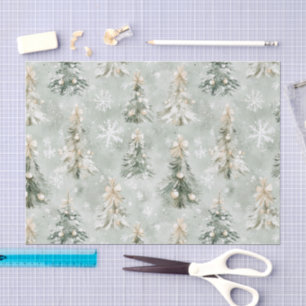 Papel De Seda Árboles de Navidad Copos de Nieve Crema Verde Pino