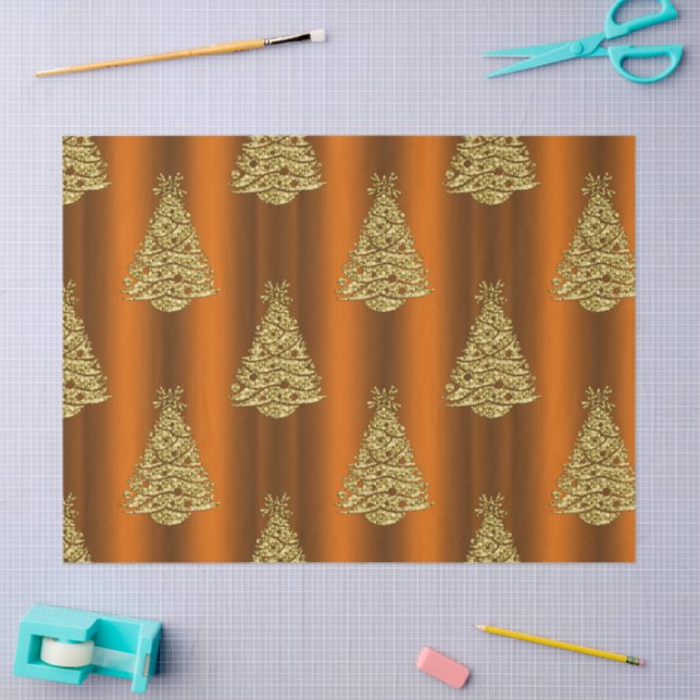 Papel De Seda Árboles de Navidad dorados en Naranja (Artesanía)