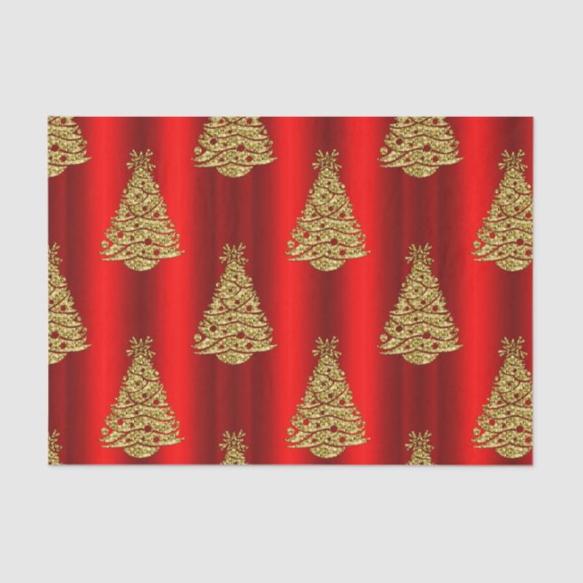 Papel De Seda Árboles de Navidad dorados en rojo (Anverso)