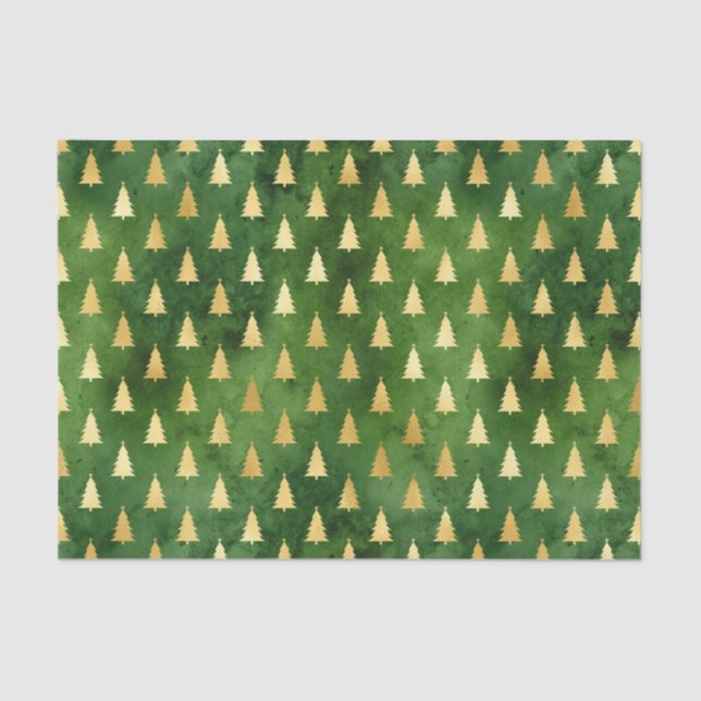 Papel De Seda Árboles de Navidad dorados en verde (Anverso)