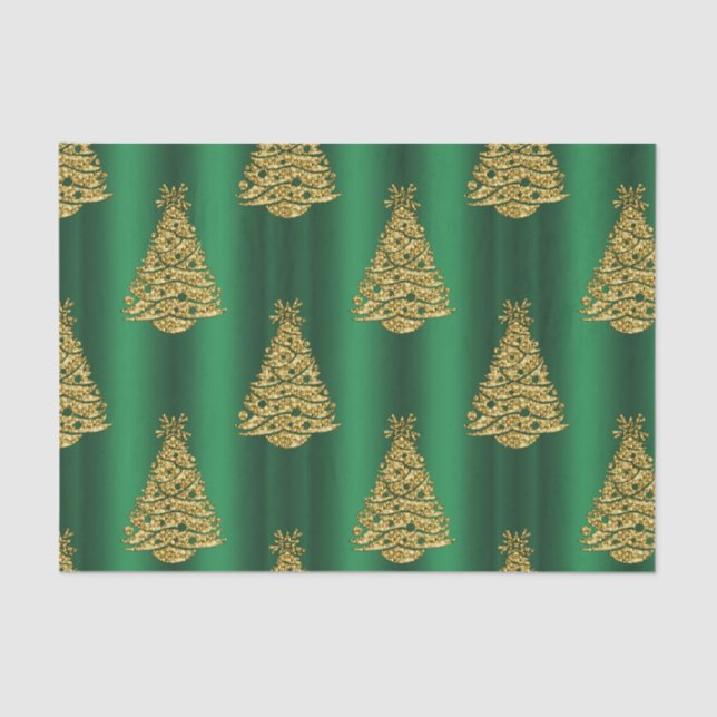Papel De Seda Árboles de Navidad dorados en verde (Anverso)