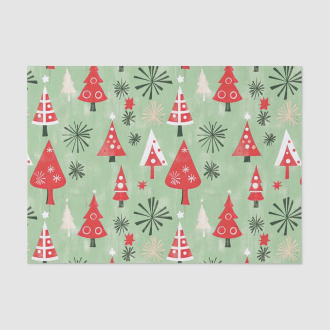 Papel De Seda Árboles de Navidad Retro Verde Rojo (Anverso)