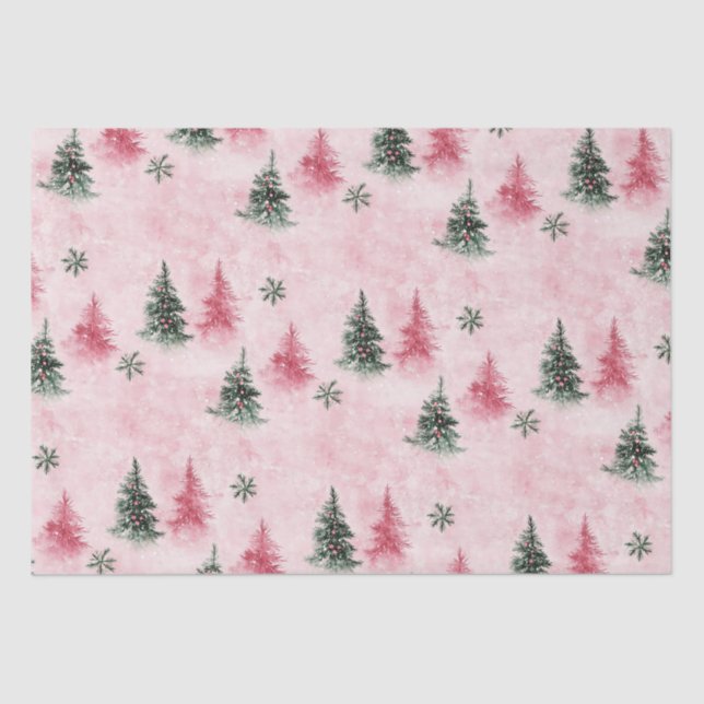 Papel De Seda Árboles de Navidad verdes rosados (Anverso)