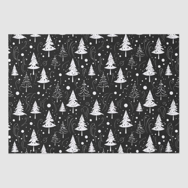 Papel De Seda Árboles navideños negros y blancos modernos (Anverso)