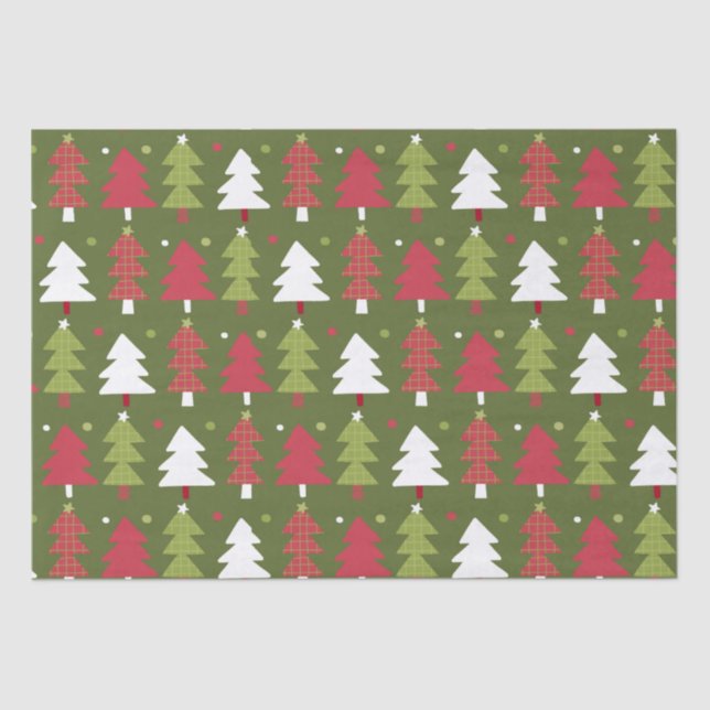 Papel De Seda Árboles navideños y copos de nieve con grifo verde (Anverso)