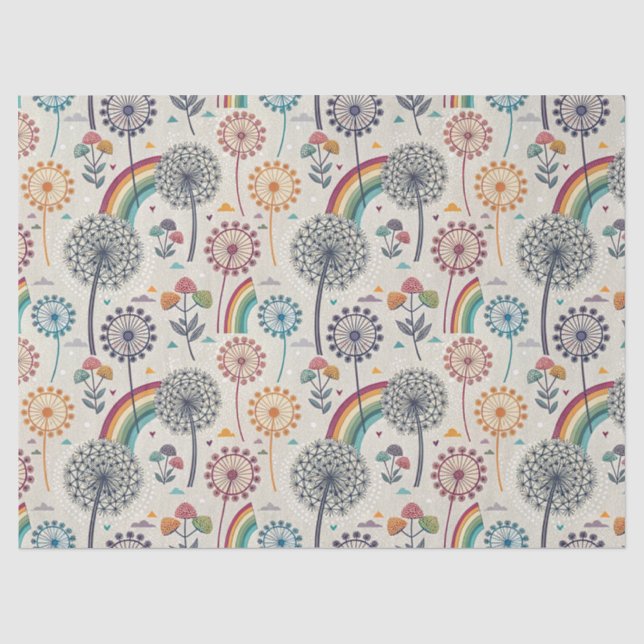Papel De Seda Arcoiris caprichoso y candeliones botánicos (Anverso)
