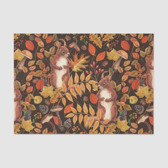 Papel De Seda ardillas y flora otoñales en marrón oscuro (Anverso)