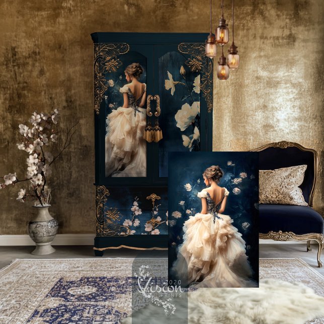 Papel De Seda Aristocrat Lady Elegant Portrait Naval Azul (Aristocrat Elegant Lady standing & bouffant dress Portrait & ethereal floral decoupage tissue paper.)