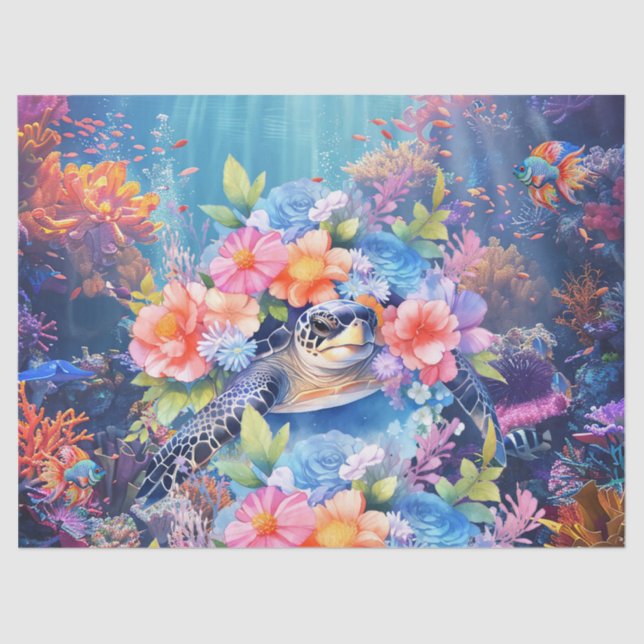 Papel De Seda Arrecife de coral, tortuga marina y descomposición (Anverso)