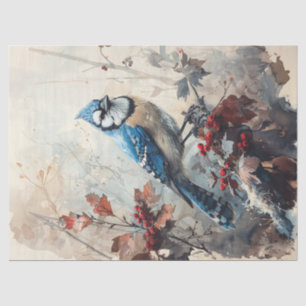 Papel De Seda Arrendajo Azul Acuarela con Decoupage de Bayas Sil